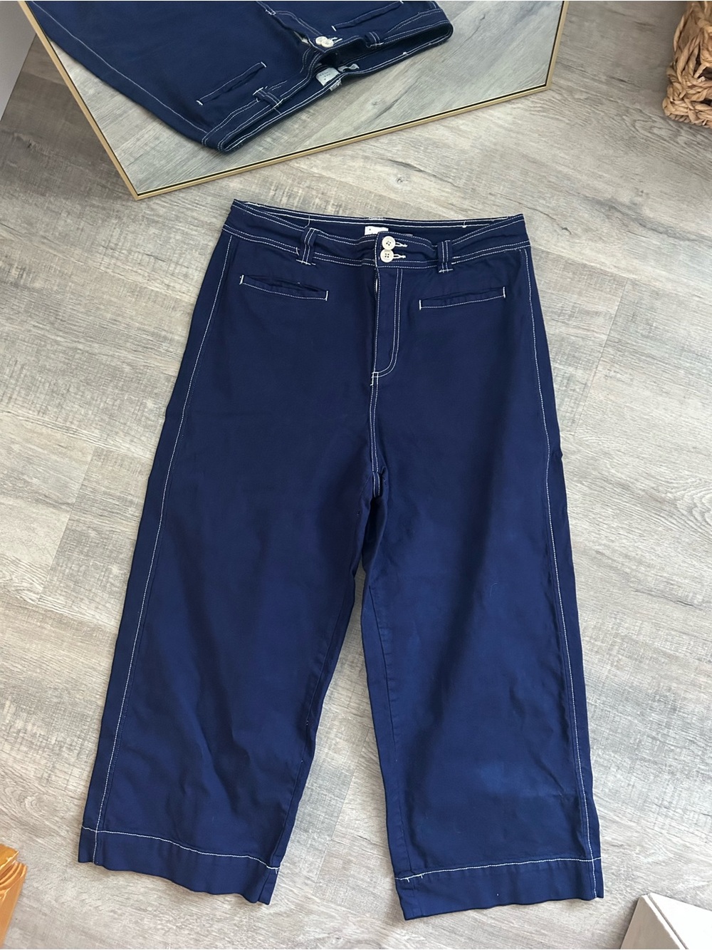 A New Day High Rise Wide Leg Crop Pants Navy Blue Contrast Stitch Size 12